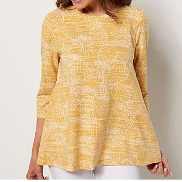 Denim & Co. printed jersey round-neck 3/4 sleeve swing top - Picture 10 of 10